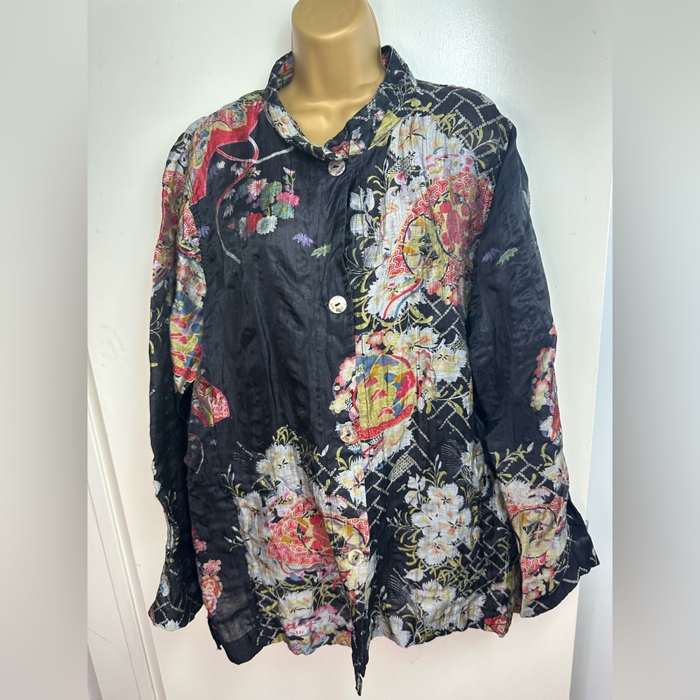 Citron Black/Multicolored‎ Floral Linen Abalone Shell Buttons Langenlook Shirt
